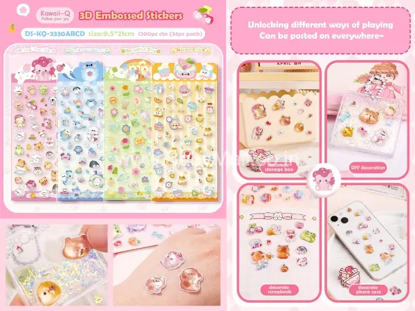 Kawaii-Q Follow Your Joy || 3D Embossed Decorative Dolphin & Kitty Stickers || Item No:DS-KQ-2330ABCD